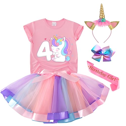 Tutu and Sian Unicorn Birthday Outfit for Girls - Unicorn Shirt, Tutu Skirt Dress, Birthday Girl Crown, Hair Bow & Satin Sash (Unicorn 4Y, 4-5 Years)