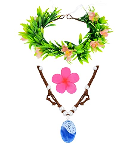 DDazzling Hawaii Flowers Garland Headdress Flower Clip with Necklace Party Theam Dress Up Accessory Set (Green Pink Blue)