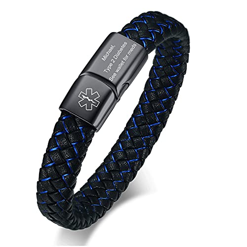 VNOX Free Engraving Medical Alert ID Blue&Black Braided Leather Black Stainless Steel Cuff Bracelet