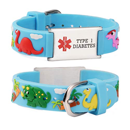 LinnaLove Medical Alert Bracelets Cartoon Emergency ID bracelets with engraved type 1 diabetes (Blue Dinosaur)