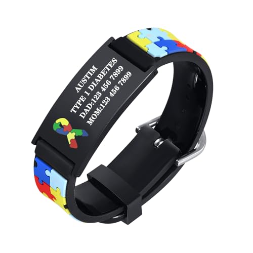 Personalized Autism Awareness Bracelet - Medical Alert ID Bracelets,Hypoallergenic Custom Engraved Autism Safety ID Bracelet,Anti-Lost Adjustable Silicone Emergency Information Wristband for Men Women