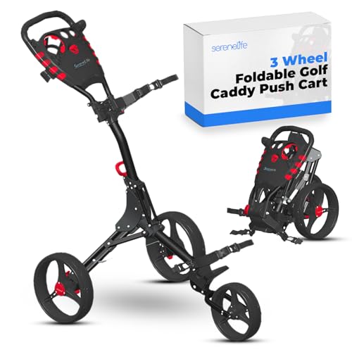 SereneLife 3 Wheel Golf Push Cart - Lightweight Folding Golf Walking Push Cart Roller Golf Bag Holder w/Upper/Lower Bracket w/Elastic Strap, Scorecard, Cup, & Bag Storage Holder