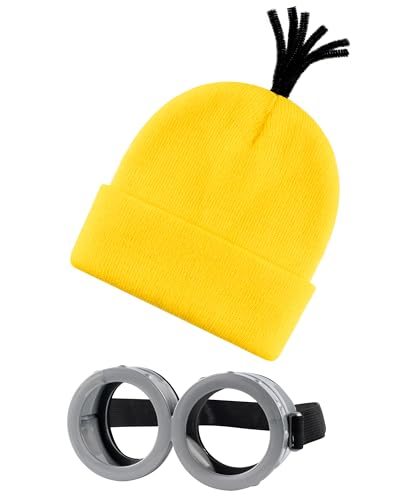 Eybila 2Pcs Costume Accessories Adult Steampunk Goggles Glasses Yellow Beanie Knit Hats Women Kids Halloween Cosplay Party Set