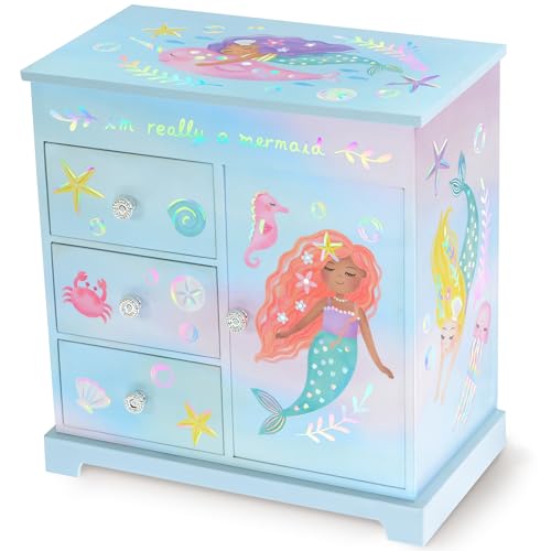 Mermaid Musical Jewelry Box for Girls - Kids Music Box with Drawers, Mermaid Gifts for Girls, Mermaid Jewelry Boxes for Ages 3-10 - 9 x 5 x 9.3 in,