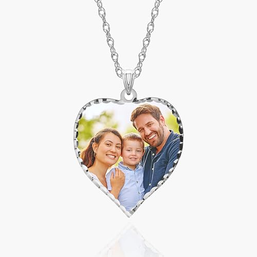 PicturesOnGold.com Personalized Photo Engraved Heart Shaped Picture Necklace with Diamond Cut Edge - 1 Inch x 1 Inch (Sterling Silver, Photo Only)