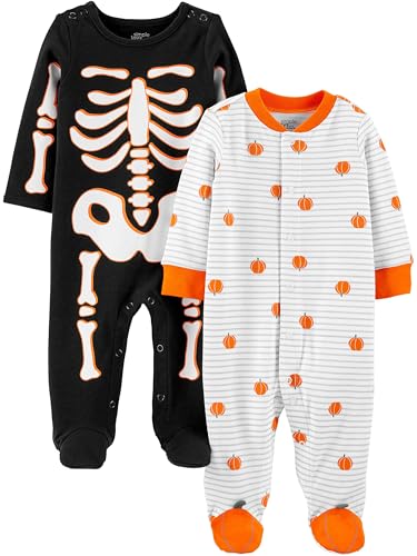 Simple Joys by Carter's Baby 2-Pack Halloween Cotton Footed Sleep and Play, Skeleton/Pumpkins, 0-3 Months