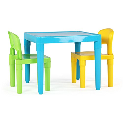 Humble Crew, Aqua Table & Green/Yellow Kids Lightweight Plastic Table and 2 Chairs Set, Square, Toddler