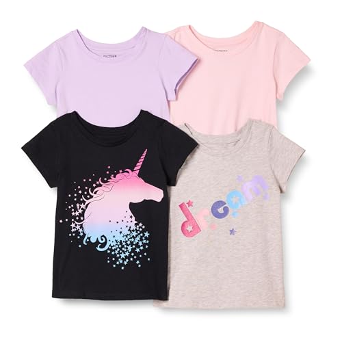 Amazon Essentials Girls' Short-Sleeve T-Shirt Tops (Previously Spotted Zebra), Pack of 4, Black Unicorn/Grey Text Print/Light Pink/Lilac, Small