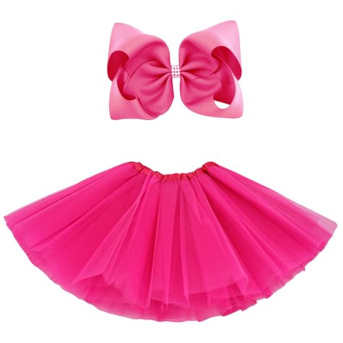 BGFKS 5 Layered Tulle Tutu Skirt for Girls with Hairbow, Ballet Dressing Up Kid Tutu Skirt Hot Pink