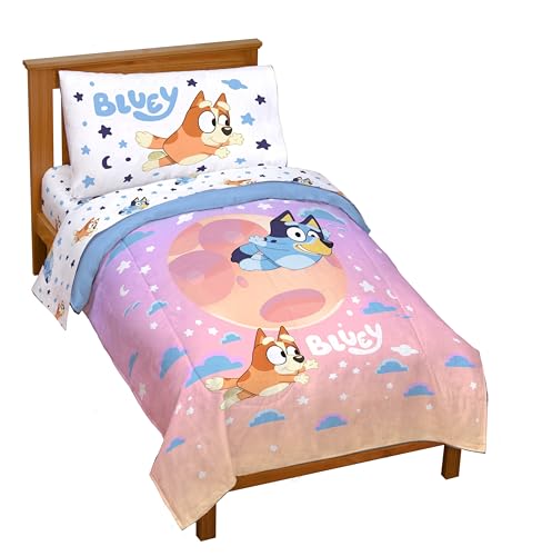 Jay Franco Bluey & Bingo Toddler Comforter Set - 4 Piece Bed Set Includes Sheet Set & Pillow Covers - Super Soft Clouds & Stars Kids Bedding