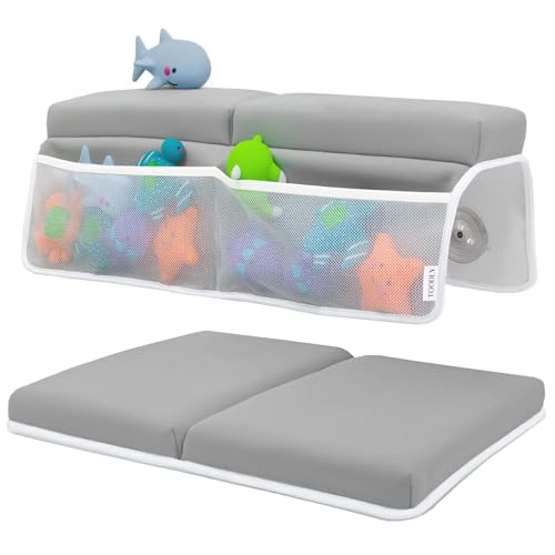 Toodly Baby Bath Kneeler and Elbow Rest Pad Set - Baby Bath Support for Knees and Elbows - Bath Kneeler Pad with Memory Foam and Bath Toys Organizer - Ideal Bath Kneeling Pad for Bathing Baby - Grey