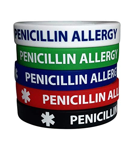 Penicillin Allergy - 5 Pack Silicone Bracelets - ID Medical Wristbands - Adult Size 7.8' - Bracelet for Men Women