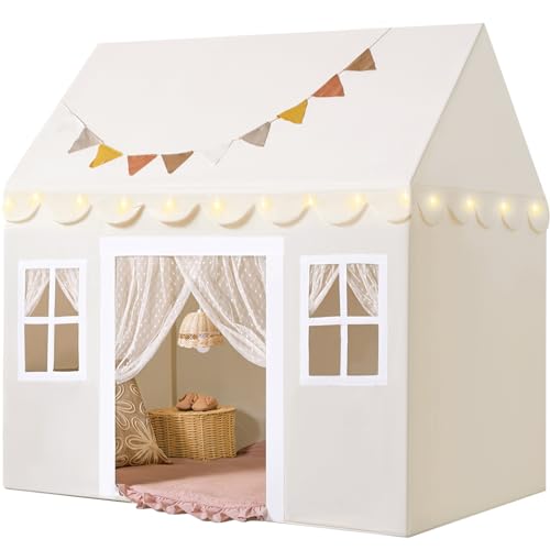 Tiny Land Play Tent with Padded Mat & LED Lights, Kids Tent, Playhouse for Kids, Indoor Bed Tent for Toddler, Toys for 3,4,5,6-Year-Old Girls, Neutral Color Play Room Furniture