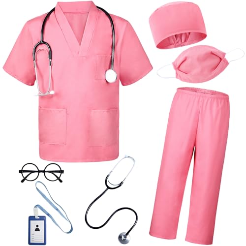 BOMLY Doctor Costume for Kids 7Pcs Toddler Nurse Scrubs Set With Halloween Dress Up Costumes for Boys and Girls Ages 3-11 (Pink, 5T-6T)