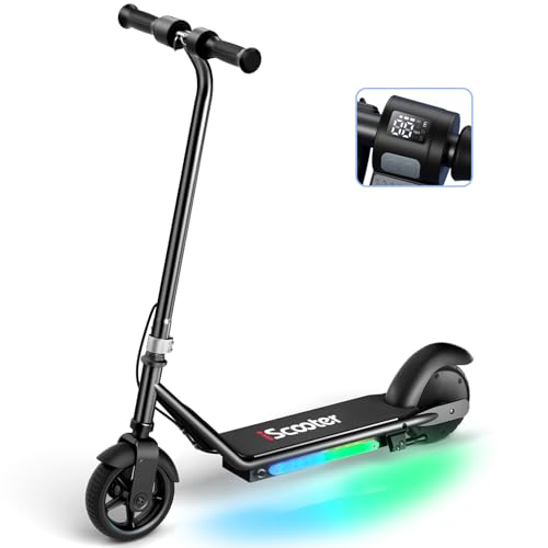 iScooter IK3 Electric Scooter for Kids Ages 6-14, 150W Motor, LED Display, 3 speeds Adjustable, Colorful Lights, Double Brake, Kids Electric Scooter with Magnetic Charging, Gifts for Kids (Black)