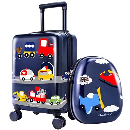 iPlay, iLearn Airplane Kids Luggage, Boys Carry On Suitcase, 18' Hardside Travel Luggage Set W/Backpack, Toddler Rolling Luggage W/ 4 Spinner Wheels, Children Holiday Birthday Gift