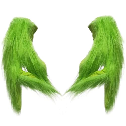 Hefnoya Green Monster Plush Gloves Adults and Kids, Christmas Santa Cosplay Costume Mask Props Green Hands Gloves