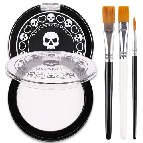 UCANBE Black White Face Body Paint with Painting Brush Kit, Cream-to-Powder Goth White Foundation + Black Greasepaint for Kids & Adult Halloween, SFX Makeup Set for Clown Skull Mime Cosplay & Costume