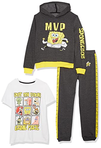 Nickelodeon boys Spongebob Squarepants Graphic Hoodie, Tee, & Jogger Sweatpant, 3-piece Athleisure Outfit Bundle Set T Shirt, Charcoal Heather/Yellow/White, 10 12 US