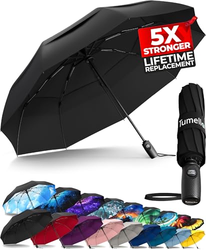 TUMELLA Strongest Windproof Travel Umbrella (Compact, Superior & Beautiful), Small Strong but Light Portable and Automatic Folding Rain Umbrella, Durable Premium Grip, Fits Car & Backpack