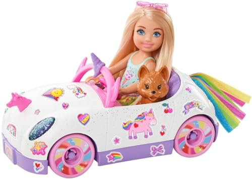 Barbie Chelsea Doll & Toy Car with Unicorn Theme, Blonde Small Doll in Removable Skirt, Pet Puppy, Sticker Sheet & Accessories