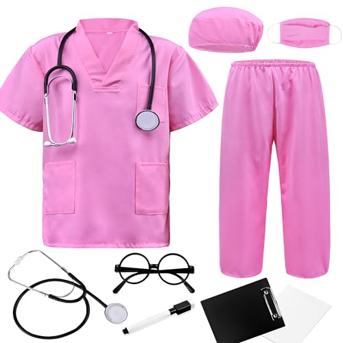 ZZIHAN Doctor Costume for Kids Pink Scrubs Sets Nurse Scrubs Costume Veterinarian Costume Doctor Accessories Toys Stethoscope Nursing Clipboards Toddlers Girls 3-4T Brithday Party Halloween Dress Up