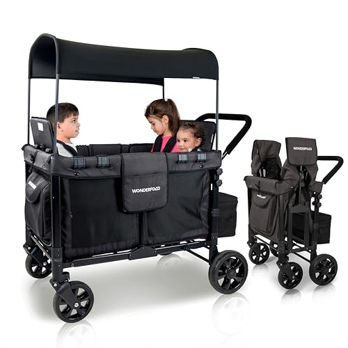 WONDERFOLD W4 Original Stroller Wagon (4 Seater) - Collapsible Wagon Stroller with Seats with 5-Point Harnesses, Easy Access Zipper Door, and Removable Sun Canopy, Black