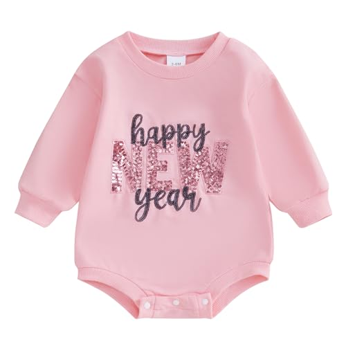 FIOMVA New Years Baby Clothes My 1st New Years Baby Girl Outfit Happy New Year Romper Sequins Long Sleeve Bodysuit Jumpsuit (Pink, 0-3 Months)