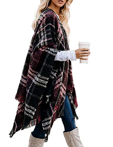 Bestshe Women's Boho Open Front Poncho Knitted Plaid Shawl Wrap Cape Tassel Cardigan Sweater