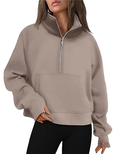 AUTOMET Womens Sweatshirts Half Zip Cropped Pullover Fleece Quarter Zipper Hoodies 2024 Fall Fashion Outfits Clothes Coffeegrey Large