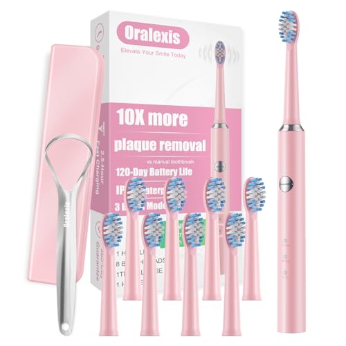 ORALEXIS Electric Toothbrush for Adults and Kids, with Tongue Scraper and 8 Brush Heads, One Fast Charge Last 120 Days, 40000 VPM Deep Clean, Sonic Travel Toothbrush - Pink