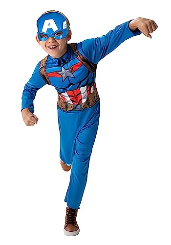 MARVEL Captain America Official Youth Value Costume - Full-Bodied Fabric Jumpsuit with High-Resolution Printed Design and Plastic Half Mask