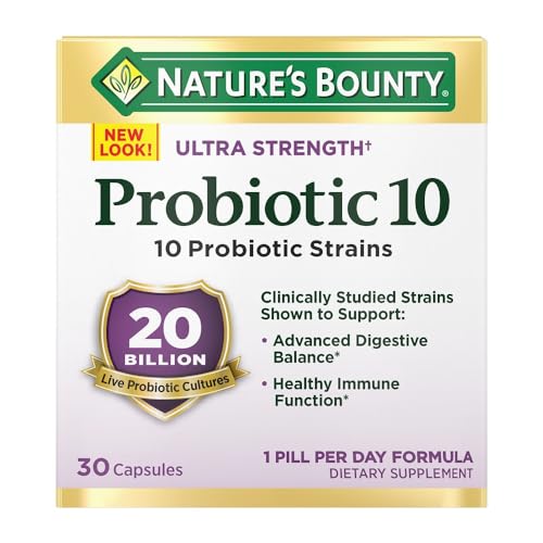 Nature’s Bounty Probiotic 10, Ultra Strength Daily Probiotic Supplement, Support for Digestive, Immune and Upper Respiratory Health, 1 Pack, 30 Capsules