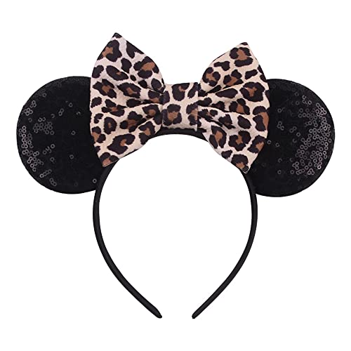 Foeran Mouse Ears Headbands Shiny Bows Mouse Ears Glitter Party Princess Decoration Cosplay Costume for Girls Women (Leopard print-1)