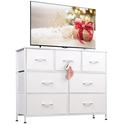 WLIVE Dresser with 7 Drawers, Dressers for Bedroom, Fabric Storage Tower, Hallway, Entryway, Closets, Sturdy Steel Frame, Wood Top, Easy Pull Handle, White