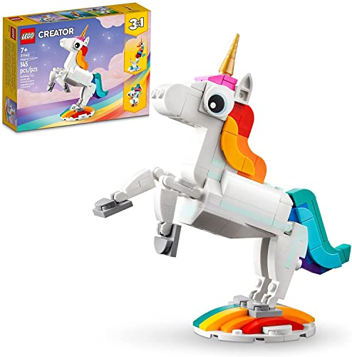 LEGO Creator 3 in 1 Magical Unicorn Toy, Transforms from Unicorn to Seahorse to Peacock, Rainbow Animal Figures, Unicorn Gift for Grandchildren, Girls and Boys, Buildable Toys, 31140