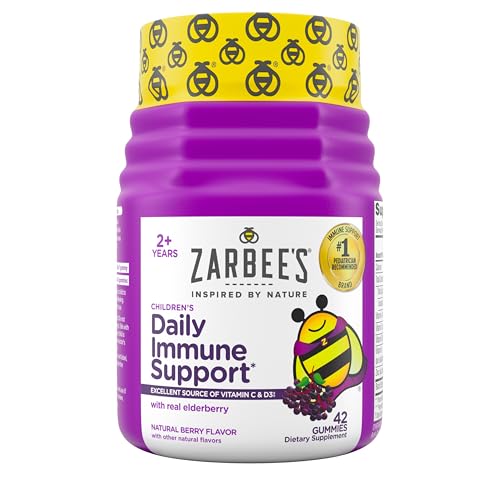 Zarbee's Elderberry Gummies for Kids with Vitamin C; Zinc & Elderberry; Daily Childrens Immune Support Vitamins Gummy Children Ages 2 and Up; Natural Berry Flavor; 42 Count