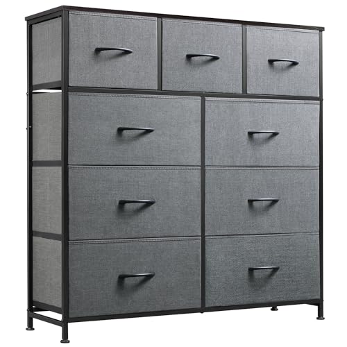 WLIVE 9-Drawer Dresser, Fabric Storage Tower for Bedroom, Hallway, Entryway, Closet, Tall Chest Organizer Unit with Fabric Bins, Steel Frame, Wood Top, Easy Pull Handle, Dark Grey