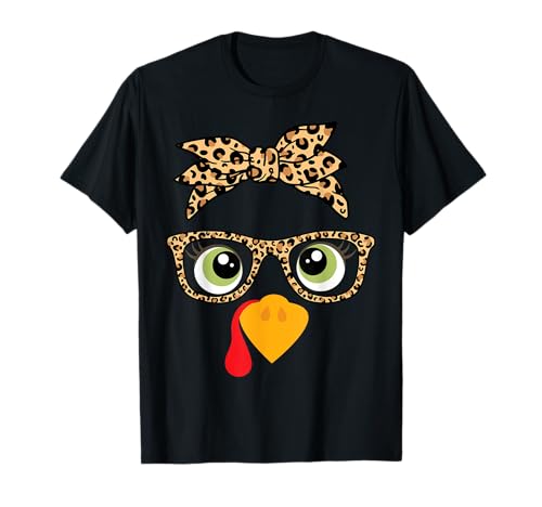 Thanksgiving Turkey Face Leopard Print Glasses Women Girls T-Shirt