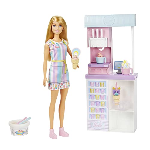 Barbie Careers Playset, Ice Cream Shop Set with Blonde Fashion Doll, Ice Cream Machine, Molds, Dough & Accessories