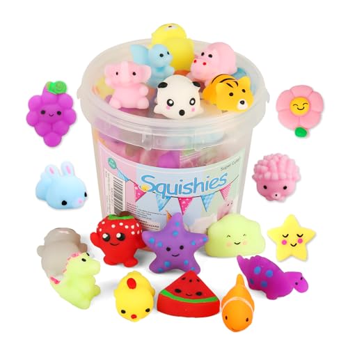 KINGYAO Squishies Squishy Toy 24pcs Party Favors for Kids Mochi Squishy Toy moji Kids Mini Kawaii squishies Mochi Stress Reliever Anxiety Toys Easter Basket Stuffers fillers with Storage Box