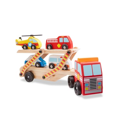 Melissa & Doug Wooden Emergency Vehicle Carrier Truck With 1 Truck and 4 Rescue Vehicles