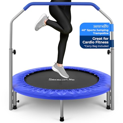 SereneLife 36'/40' Portable & Foldable Trampoline in-Home Mini Rebounder with Adjustable Handrail for Indoor and Outdoor Workout Use, Fitness Body Exercise, Round Jumping Cardio, Safe for Kids/Adults