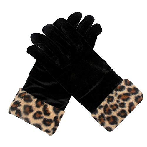 DINPREY Women's Stretch Fleece Leopard Print Gloves Animal Leopard Print Faux Fur Trim Touchscreen Gloves for girls (Leopard Print Cuff)