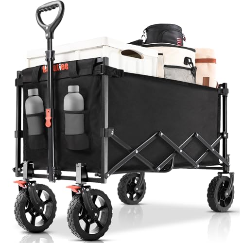 Navatiee Wagon Cart Heavy Duty Foldable, Collapsible Wagon with Smallest Folding Design, Utility Grocery Wagon for Camping Shopping Sports