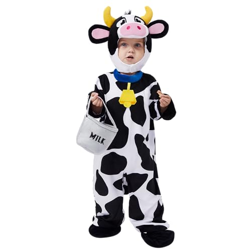 Spooktacular Creations Unisex Toddler Cow Costume Jumpsuit Outfit with Milking Bucket for KIds Child Boys and Girls Halloween Costume Cosplay, Trick or Treat Farm Party Dress Up (3T(3-4yrs))