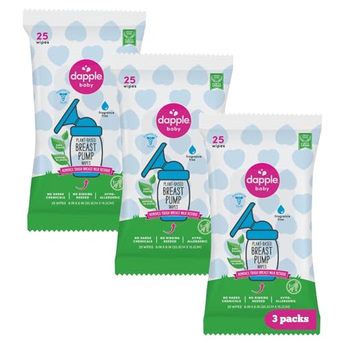 Breast Pump Wipes by Dapple Baby, Hypoallergenic & Powered by Plants, Removes Milk Residue, Leaves No Taste, Convenient Wipes Pouch, Fragrance Free, 25 Count (Pack of 3)