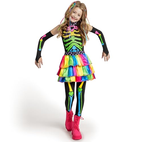 Spooktacular Creations Funky Punky Bones Colorful Skeleton Deluxe Halloween Girls Costume Set with Hair Extensions for Halloween Dress Up Party-M(8-10yr)