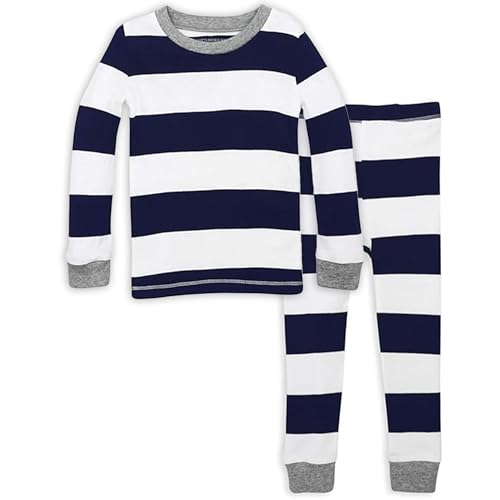 Burt's Bees Kids Boys' Toddler Pajama Tee and Pant Set, 100% Organic Cotton, Midnight Rugby Stripe, 7 Years