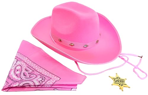 Children's Cowboy, Sheriff Theme Costume Dress Up Set For Boys and Girls - Cowboy Hat, Bandana and Gold Sheriff Badge (Pink)